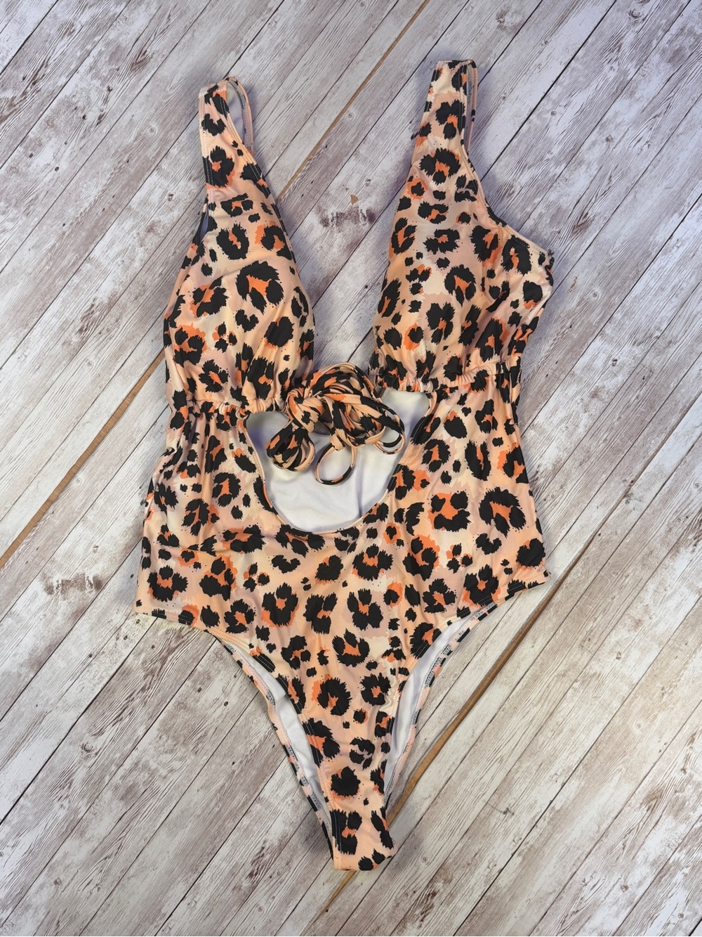 Leopard Print One-Piece Swimsuit in Peach + Black